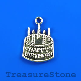 Charm/pendant, silver-plated, 15x18mm birthday cake. Pkg of 7.