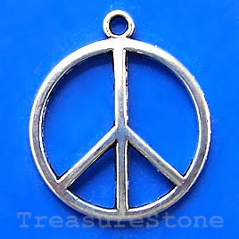 Pendant/charm, silver-finished, 24mm Peace Symbol. Pkg of 5.