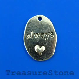 Pendant, silver colored, 18x25mm "always". Pkg of 3.