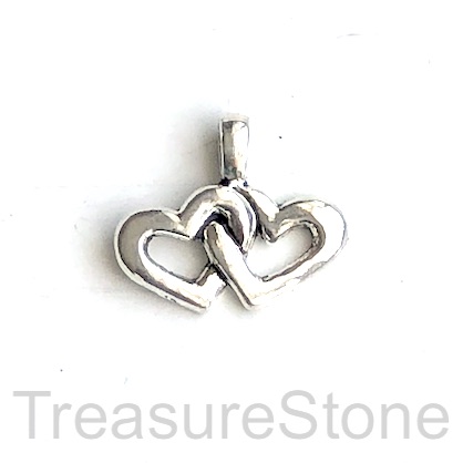 charm, pendant,antiqued silver-finished, 11x20mm double hearts.6