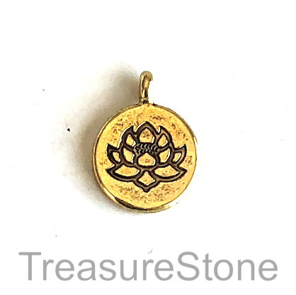 Charm, gold-colored, 14mm lotus flower. Pkg of 6