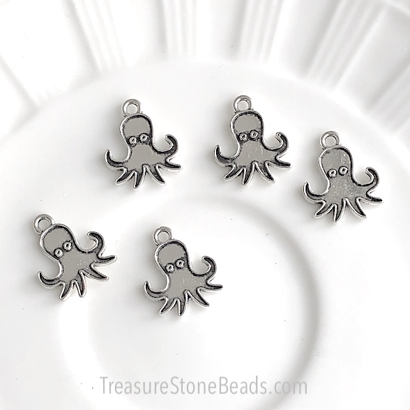 Charm, pendant, silver-finished, 15mm Octopus. pack of 9