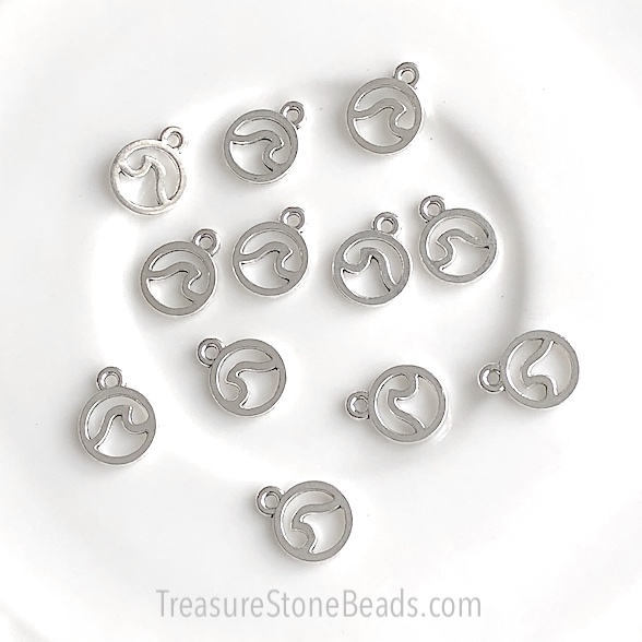 Charm, pendant, silver-finished, 10mm ocean wave. pack of 12