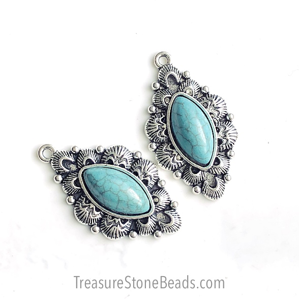 Bead, Pendant, silver, 22x34mm drop, turquoise(resin). each