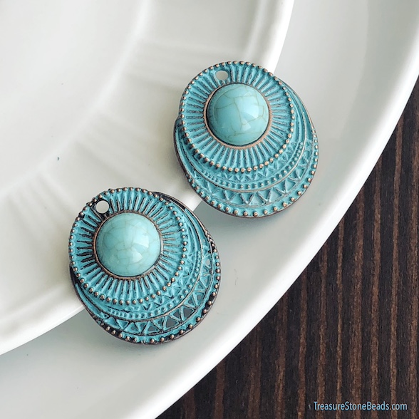 Pendant, connector, patina, 22x26mm, turquoise(resin). ea