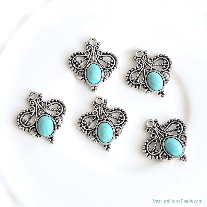 Bead, Pendant, silver, 20mm, turquoise(resin).pack of 2.