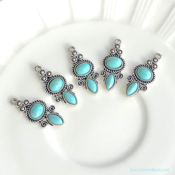 Charm, Pendant, silver, 12x26mm drop, turquoise(resin). each