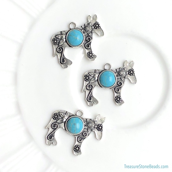 Pendant, 23x28m silver horse/dog turquoise. Pkg of 2