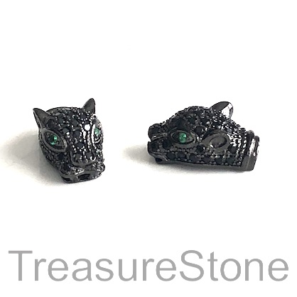 Micro Pave Bead, brass, black, 10x17mm cheetah, panther, cat. Ea