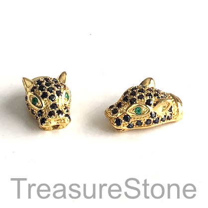 Micro Pave Bead, brass, gold, 10x17mm cheetah, panther, cat. Ea
