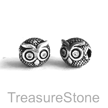 Bead, brass, 9x10mm silver owl with crystals. Each