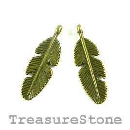Charm/Pendant, brass-plated, 9x23mm feather. Pkg of 10