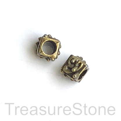 Bead, brass finished, 7mm cube spacer, large hole, 4.5mm. 12.