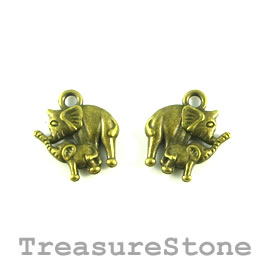 Charm, brass-plated, 14mm mother, baby elephants. Pkg of 12.