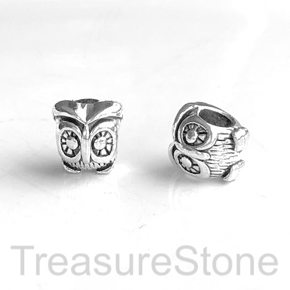 Bead, silver finished, 10x11mm owl, large hole, 4mm. Pkg of 10.