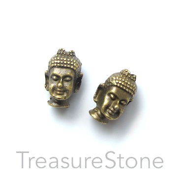 Bead, antiqued brass finished, 8x13mm buddha head. Pkg of 10