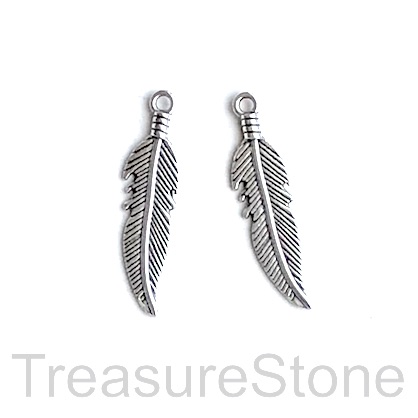 Charm/pendant, silver colored, 7x23mm feather. Pkg of 12