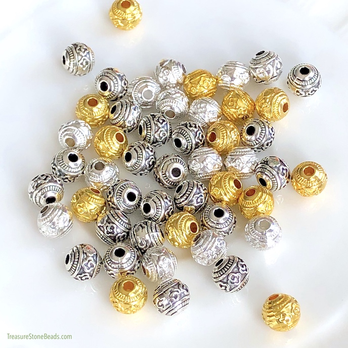 Bead, bright gold-finished, 8mm round spacer. Pkg of 10.