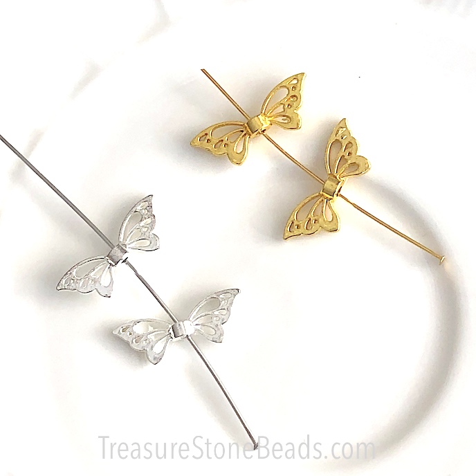 Bead, bright silver finished, 9x22mm butterfly. Pkg of 8