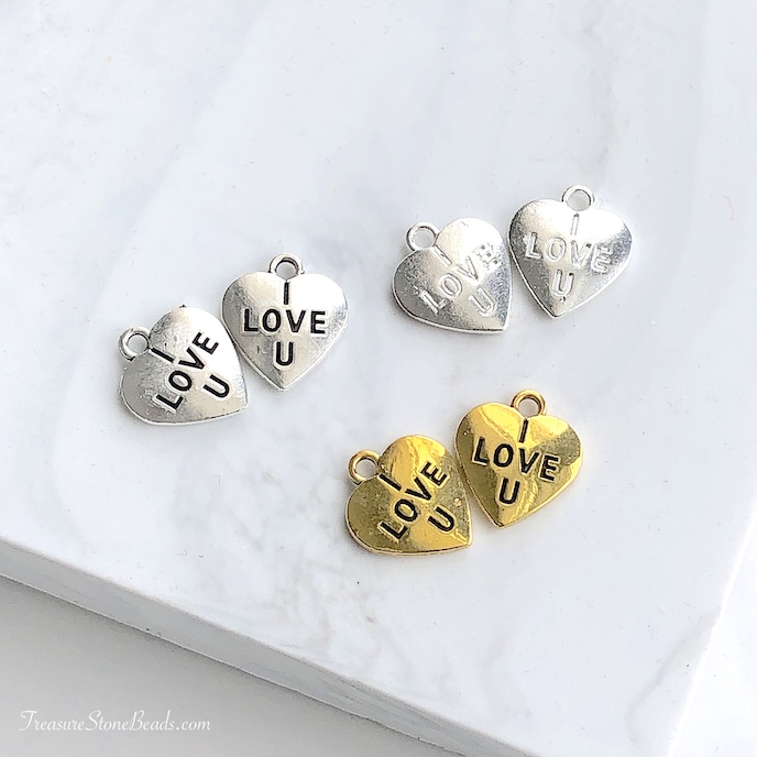 Charm, antique silver colour heart, I LOVE U. 13mm. Pkg of 12
