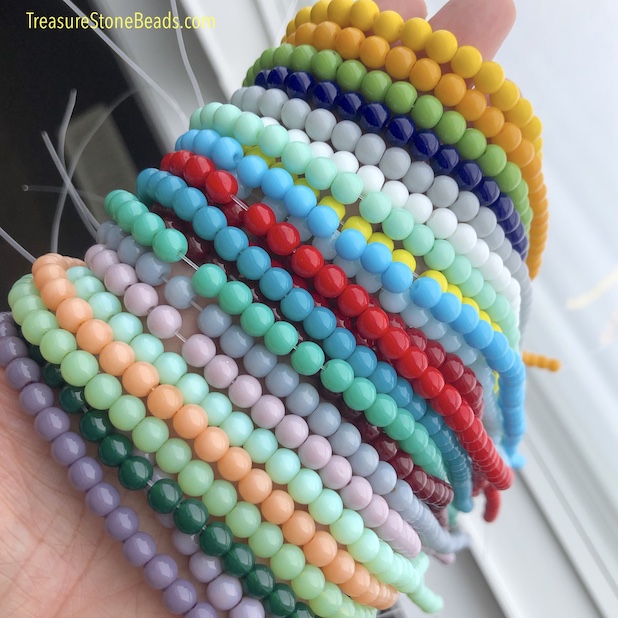 Bead, glass, 6mm round, peach, 15 inch, 66pcs
