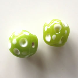 Bead, lampworked glass, green, 13x14mm. Pkg of 2.