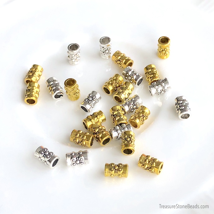 Bead, antiqued silver finished, 5x7mm tube. hole:3mm, 12pcs