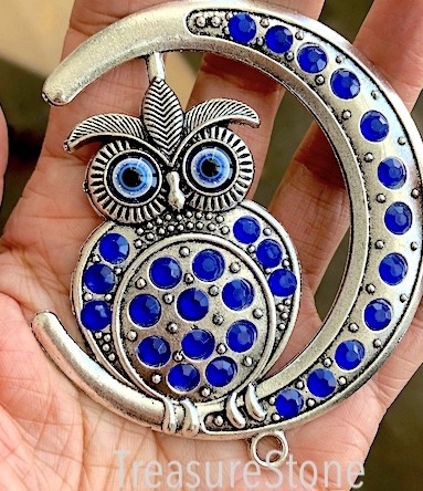 Pendant, connector, silver, 76mm owl with blue rhinestones. Ea