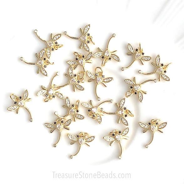 Pave Charm, pendant, 15x17mm gold dragonfly, clear CZ.Ea