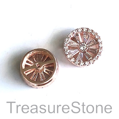 Micro Pave Bead, brass, rose gold, 12x5mm wheel. Each