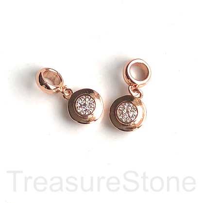 Pave Charm, pendant, brass, 10mm coin, rose gold, clear CZ. Ea