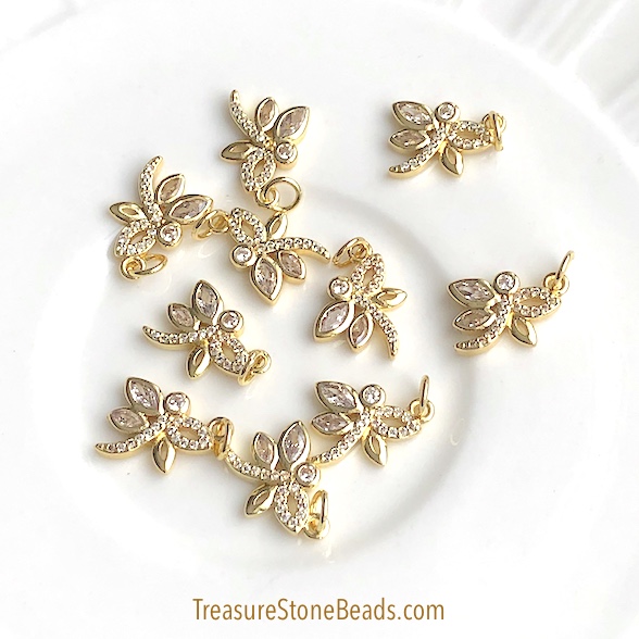 Pave Charm, pendant, 9x12mm gold dragonfly, clear CZ.Ea