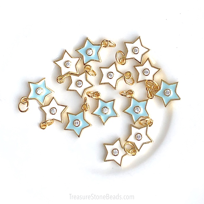 Charm, pave, 10mm enamel light blue star, gold. Each