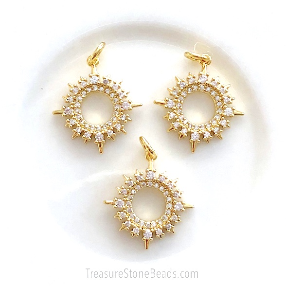 Pave Charm, brass, 17mm gold sun, clear CZ. Ea