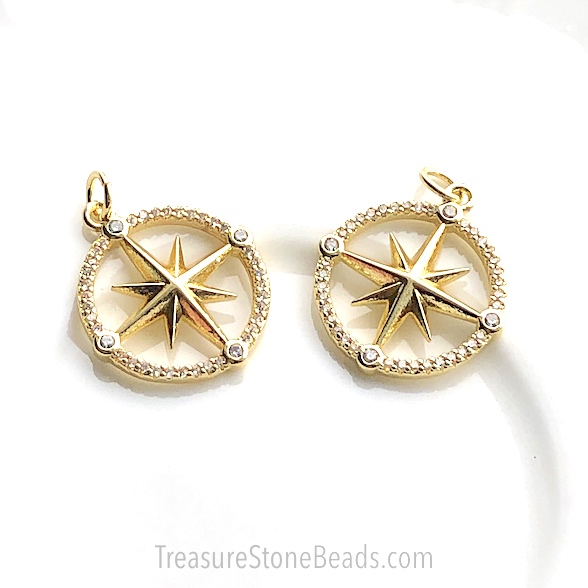 Charm, brass, 12mm gold sun, CZ. Ea