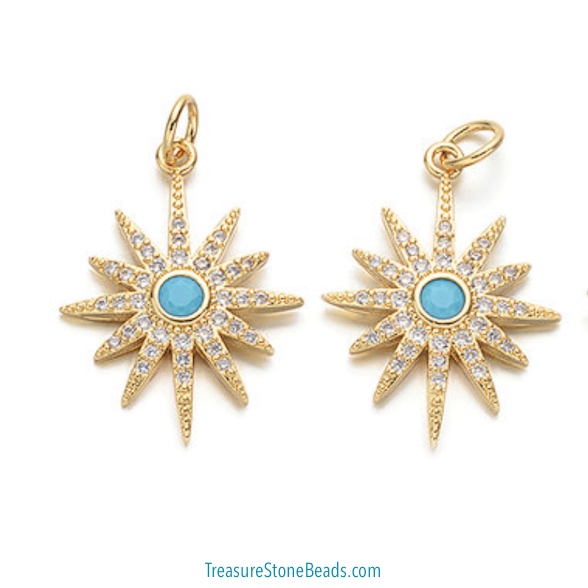 Charm, brass, 12mm gold sun, CZ. Ea