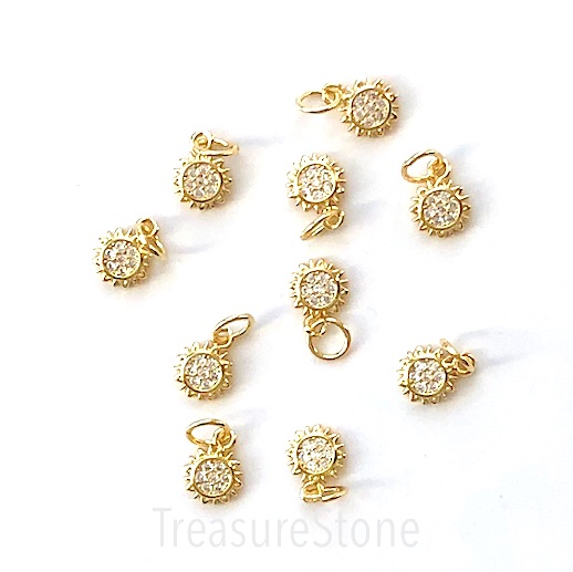 Pave Charm, brass, 6mm gold sunflower, clear CZ. Ea