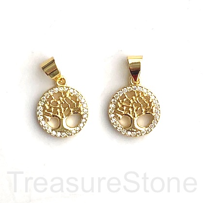 Charm, brass, 12mm gold coloured Tree of Life, CZ. Ea