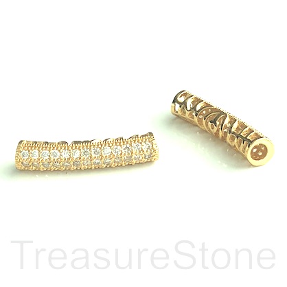 Pave Bead, 6x27mm curved tube, filigree gold plated brass, CZ.ea