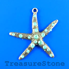 Pendant, 55mm starfish with blue crystals. Sold individually.