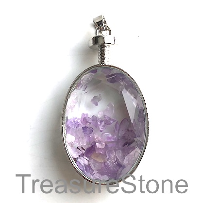 Pendant, amethyst chips, 28x45mm. Sold individually.