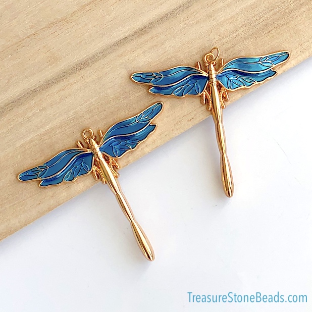 Pendant, 50x58mm bright blue dragonfly, gold, Enamel. ea