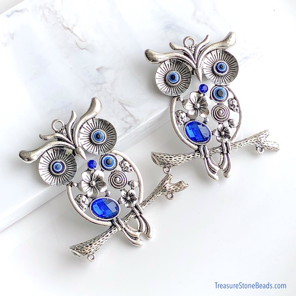 Pendant, silver, blue rhinestone, evil eye, 71x80mm owl. ea