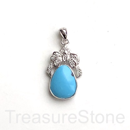 Pendant, synthetic turquoise, sterling silver pave, 16x25mm. ea