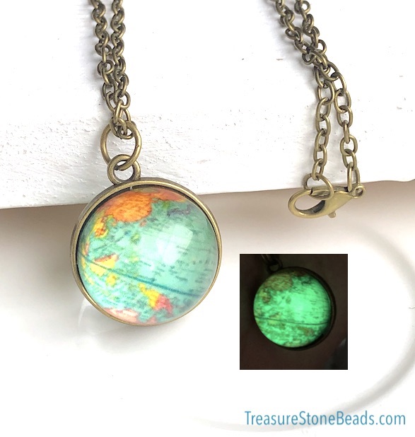 Necklace, 20mm glass earth, 19" brass chain, glow in the dark.Ea