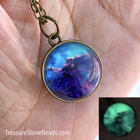 Necklace, mountain, 19" brass colour chain, glow in the dark.Ea