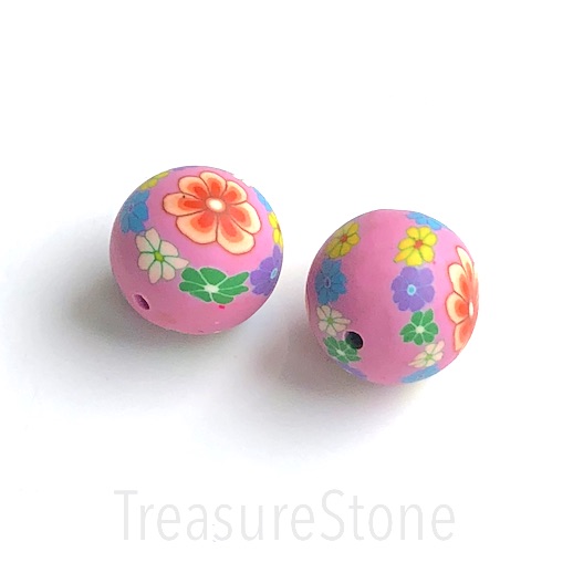 Bead, Polymer Clay, purple, green yellow flowers, 19mm round, ea