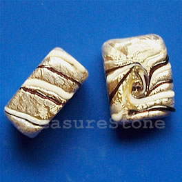 Bead, lampworked,white+silver+gold,13x7x17mm rectangle. Pkg of 3