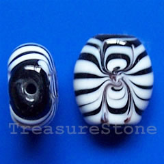 Bead, lampworked glass, black+white, 13x15x6mm. Pkg of 5.