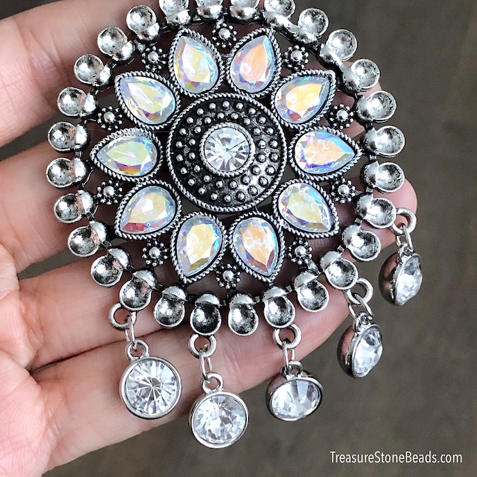 Pendant, clear rhinestones, silver. Each
